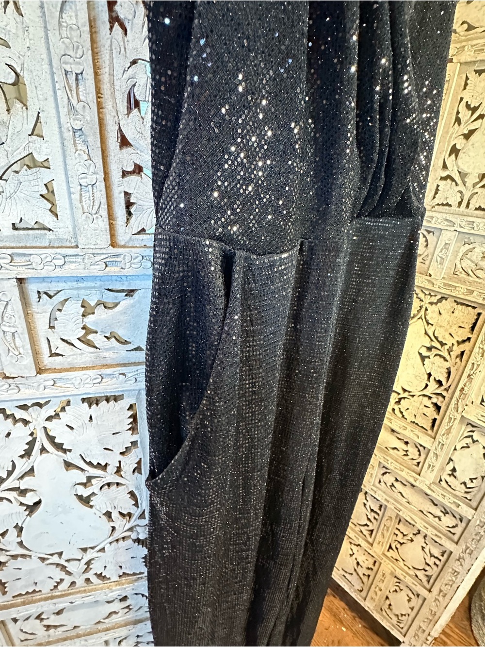 Express Black Sequin V-Neck Jumpsuit - Picture 3 of 6